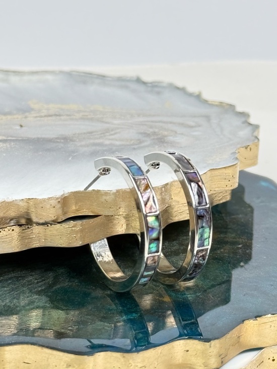 Jewelry - NWOT Silver Tone Abalone Inlay Hoop Earrings Boutique Fashion Earrings